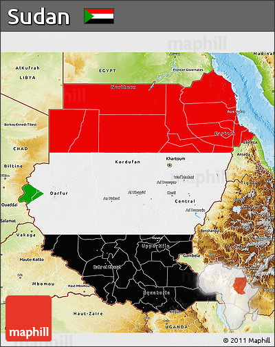 Flag 3D Map of Sudan, physical outside, bathymetry sea, flag centered