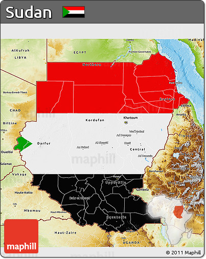 Flag 3D Map of Sudan, physical outside, bathymetry sea, flag centered