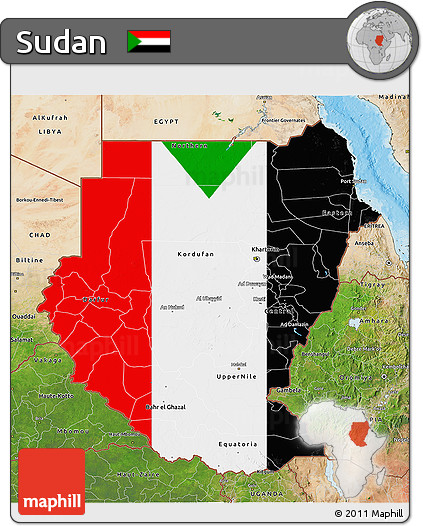 Flag 3D Map of Sudan, satellite outside, bathymetry sea, flag aligned to the middle