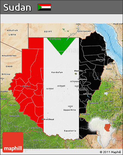 Flag 3D Map of Sudan, satellite outside, bathymetry sea, flag aligned to the middle