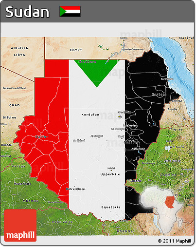 Flag 3D Map of Sudan, satellite outside, bathymetry sea, flag aligned to the middle