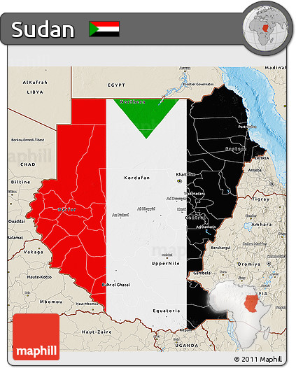Flag 3D Map of Sudan, shaded relief outside, flag aligned to the middle