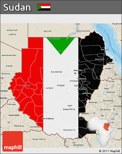Flag 3D Map of Sudan, shaded relief outside, flag aligned to the middle