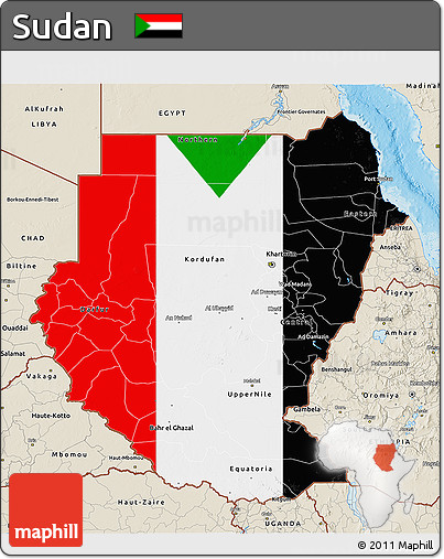 Flag 3D Map of Sudan, shaded relief outside, flag aligned to the middle