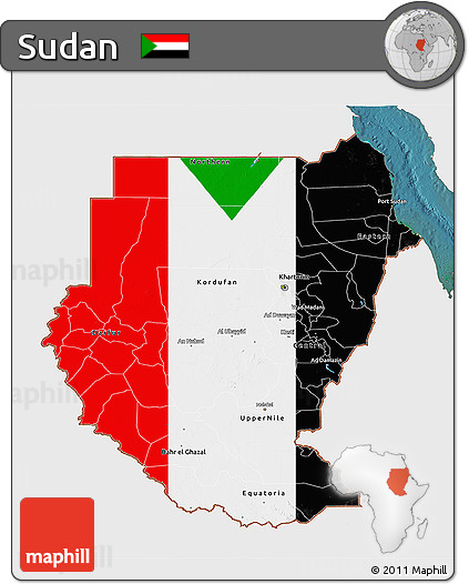 Flag 3D Map of Sudan, single color outside, satellite sea, flag aligned to the middle
