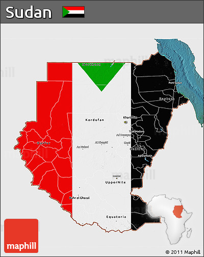 Flag 3D Map of Sudan, single color outside, satellite sea, flag aligned to the middle