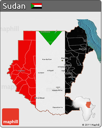 Flag 3D Map of Sudan, single color outside, satellite sea, flag aligned to the middle