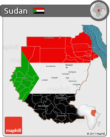 Flag 3D Map of Sudan, single color outside, satellite sea