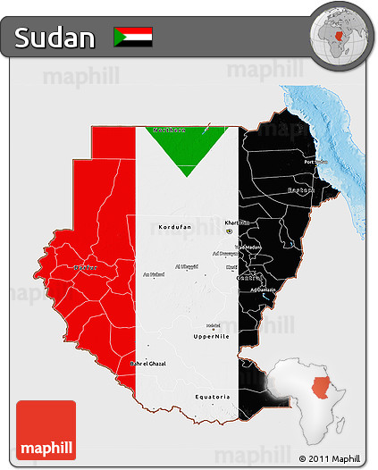 Flag 3D Map of Sudan, single color outside, shaded relief sea, flag aligned to the middle