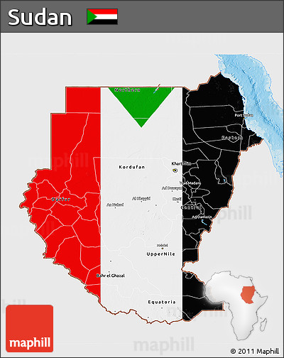 Flag 3D Map of Sudan, single color outside, shaded relief sea, flag aligned to the middle