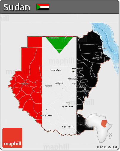 Flag 3D Map of Sudan, single color outside, shaded relief sea, flag aligned to the middle