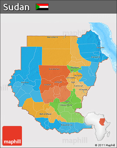 Political 3D Map of Sudan, single color outside, bathymetry sea