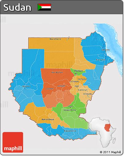 Political 3D Map of Sudan, single color outside, bathymetry sea