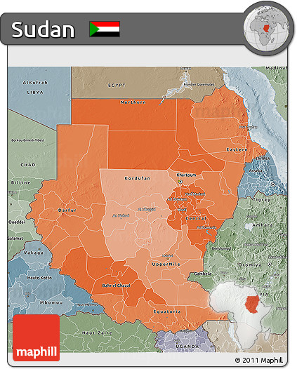 Political Shades 3D Map of Sudan, semi-desaturated