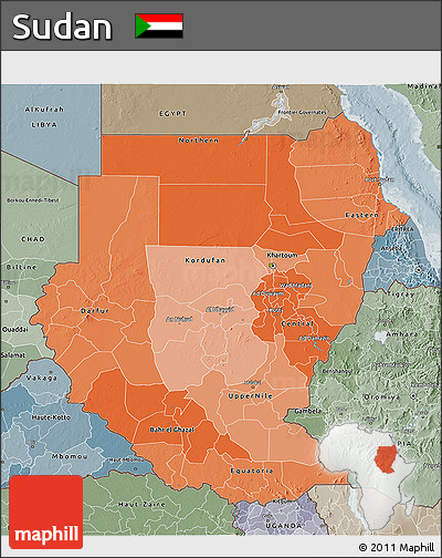 Political Shades 3D Map of Sudan, semi-desaturated