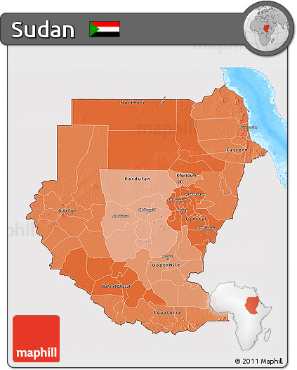 Political Shades 3D Map of Sudan, single color outside, bathymetry sea