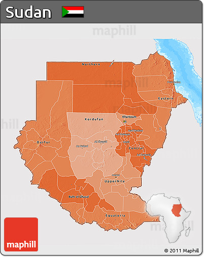 Political Shades 3D Map of Sudan, single color outside, bathymetry sea
