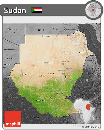 Satellite 3D Map of Sudan, darken, desaturated