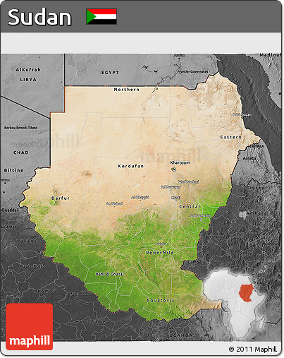 Satellite 3D Map of Sudan, darken, desaturated