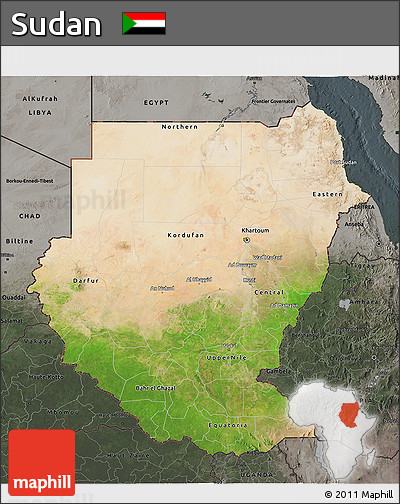 Satellite 3D Map of Sudan, darken, semi-desaturated