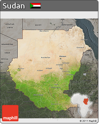 Satellite 3D Map of Sudan, darken, semi-desaturated