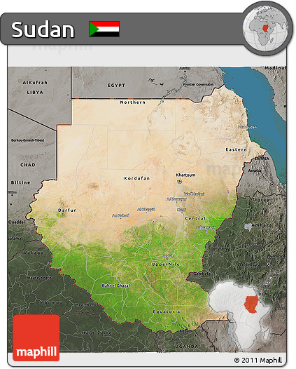 Satellite 3D Map of Sudan, darken, semi-desaturated, land only