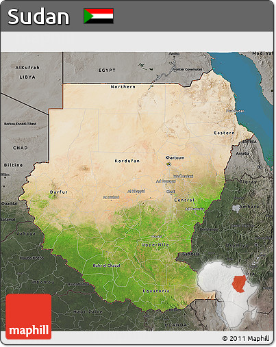 Satellite 3D Map of Sudan, darken, semi-desaturated, land only