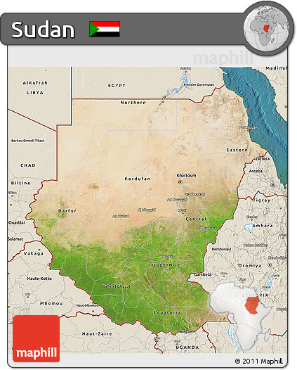 Satellite 3D Map of Sudan, shaded relief outside, satellite sea