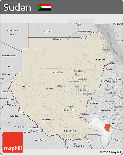 Shaded Relief 3D Map of Sudan, desaturated