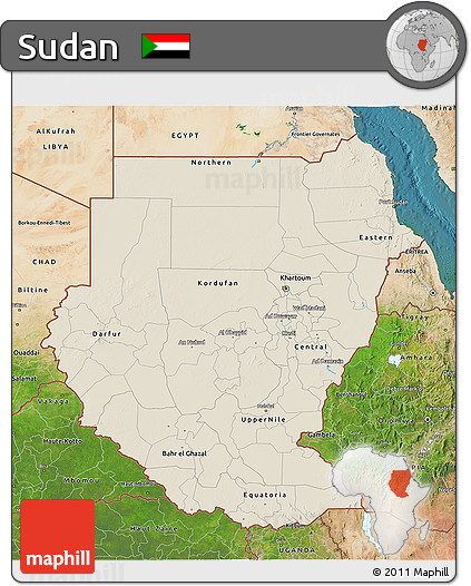 Shaded Relief 3D Map of Sudan, satellite outside