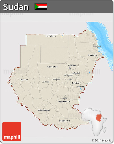 Shaded Relief 3D Map of Sudan, single color outside, bathymetry sea