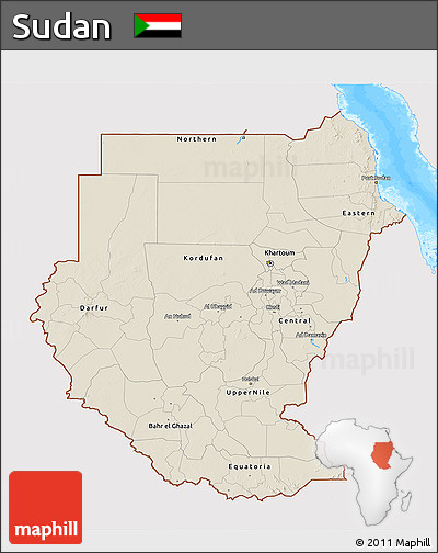 Shaded Relief 3D Map of Sudan, single color outside, bathymetry sea