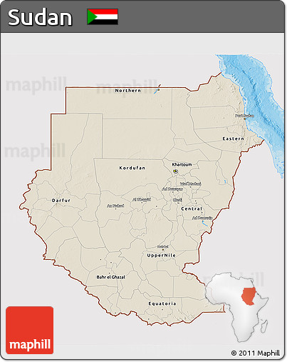 Shaded Relief 3D Map of Sudan, single color outside, bathymetry sea, shaded relief sea