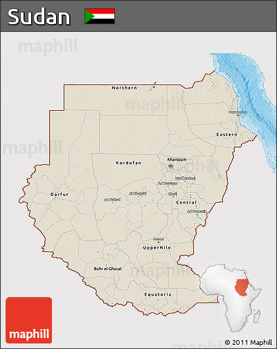 Shaded Relief 3D Map of Sudan, single color outside, bathymetry sea, shaded relief sea