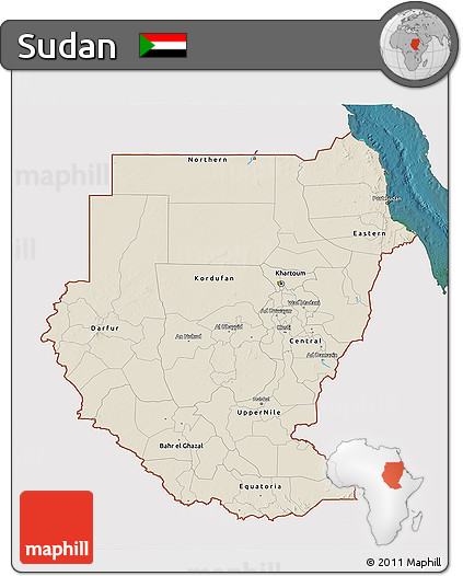 Shaded Relief 3D Map of Sudan, single color outside, satellite sea