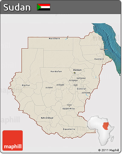 Shaded Relief 3D Map of Sudan, single color outside, satellite sea