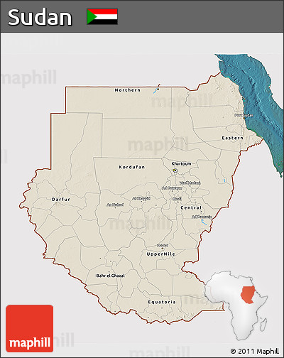 Shaded Relief 3D Map of Sudan, single color outside, satellite sea