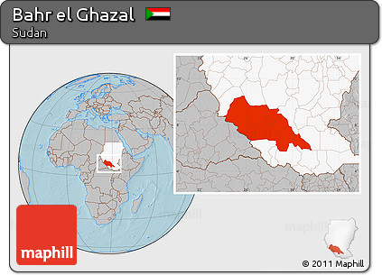 Gray Location Map of Bahr El Ghazal, highlighted country, hill shading