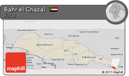Shaded Relief Panoramic Map of Bahr El Ghazal, desaturated