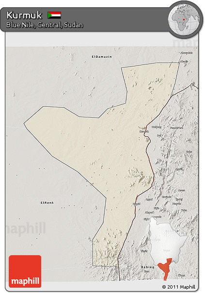 Shaded Relief 3D Map of Kurmuk, semi-desaturated