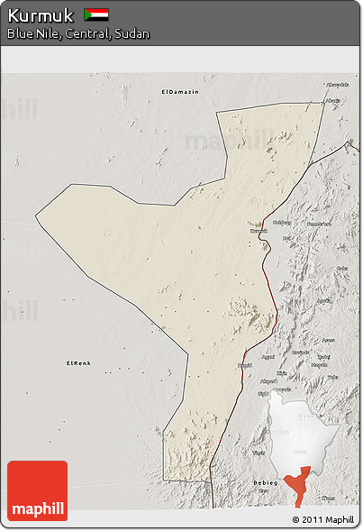 Shaded Relief 3D Map of Kurmuk, semi-desaturated