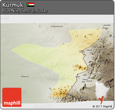 Physical Panoramic Map of Kurmuk, semi-desaturated