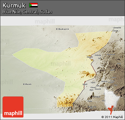 Physical Panoramic Map of Kurmuk, semi-desaturated