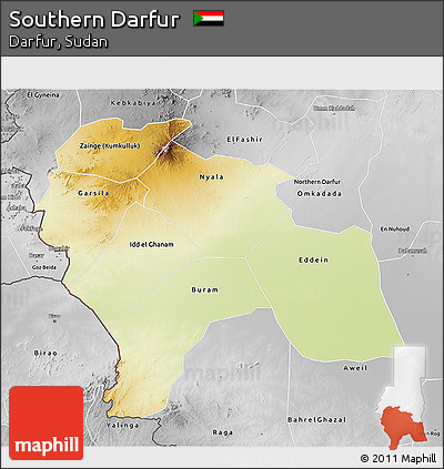 Physical 3D Map of Southern Darfur, desaturated