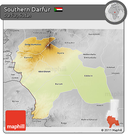 Physical 3D Map of Southern Darfur, desaturated