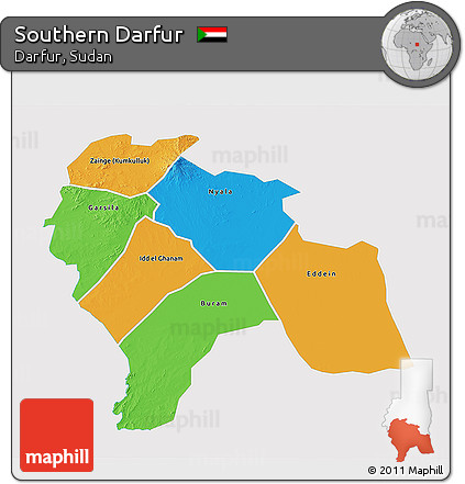 Political 3D Map of Southern Darfur, single color outside