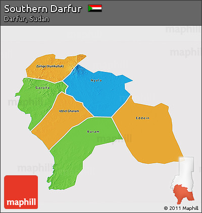 Political 3D Map of Southern Darfur, single color outside