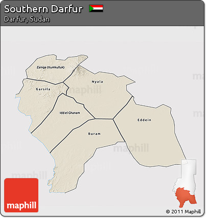 Shaded Relief 3D Map of Southern Darfur, single color outside