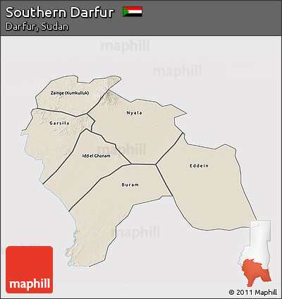 Shaded Relief 3D Map of Southern Darfur, single color outside