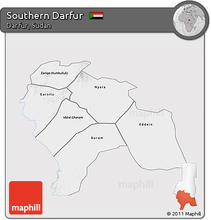 Silver Style 3D Map of Southern Darfur, single color outside